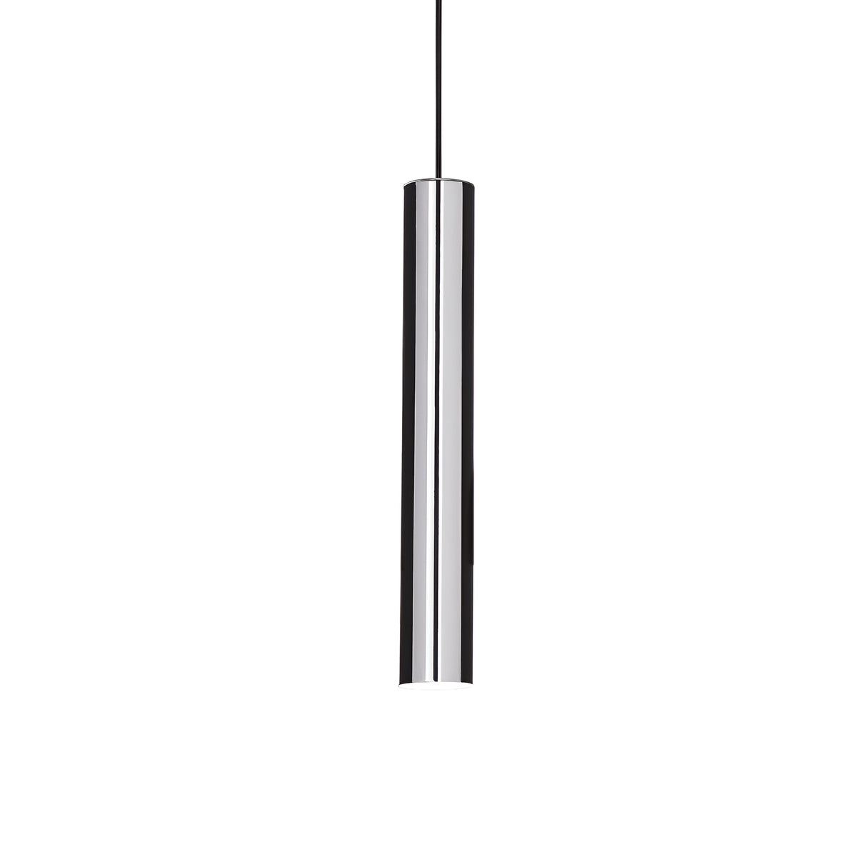 The Noctis 1 Light Pendant in chrome, featuring a long, cylindrical design, suspends gracefully from an adjustable fabric cable. This modern minimalist lighting fixture is presented against a plain white background, highlighting its elegant simplicity.