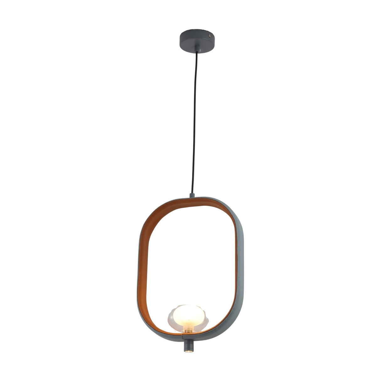 The Strappa Pendant Light - Grey/Black showcases a modern oval open frame in gray and wood tones, inspired by Chinese lanterns, with a round bulb suspended at the bottom for a striking contemporary LED pendant effect.