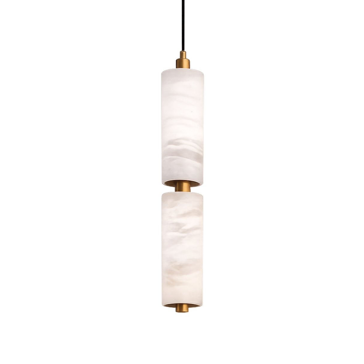 The Ardent LED Medium Column Alabaster Single Pendant Light features soft white stacked cylindrical shades and brushed brass accents, suspended by a thin black cord against a plain white background.