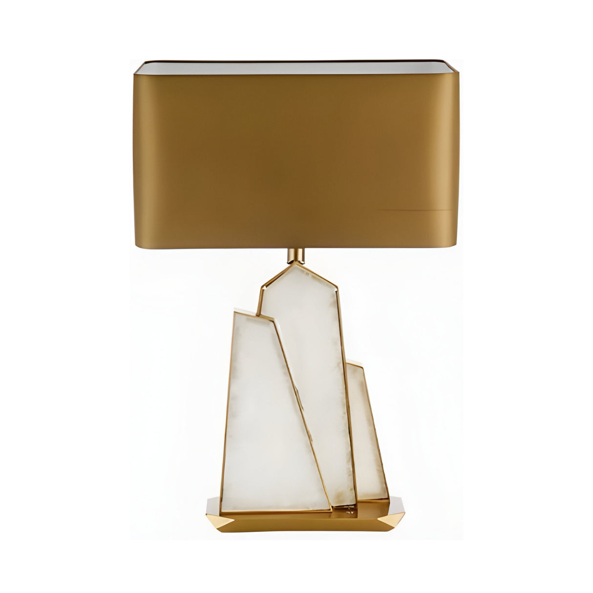 The Virella 1 Light Faceted Stone Table Lamp features a brass rectangular shade and a sculpted soft white and gold angular stone base, shown against a plain white background.
