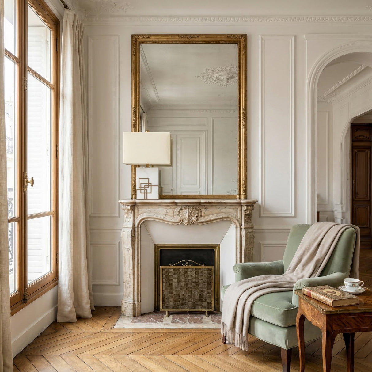 Elegant living room with a marble fireplace, ornate mirror, sage green armchair draped with a beige throw, wooden side table with tea and books, and the Veridan 1 Light Framed Marble Table Lamp - Brass & Grey by tall curtained windows and white paneled walls.
