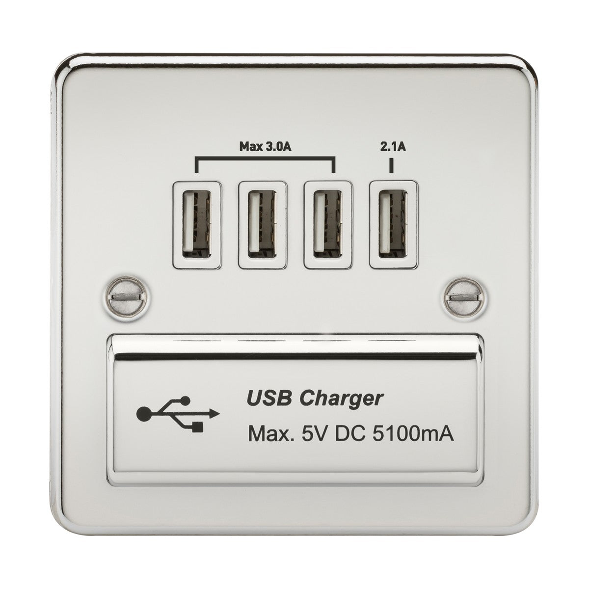 230V Quad USB-A Charger Outlet (5V DC 5.1A shared) - Polished Chrome with White Insert