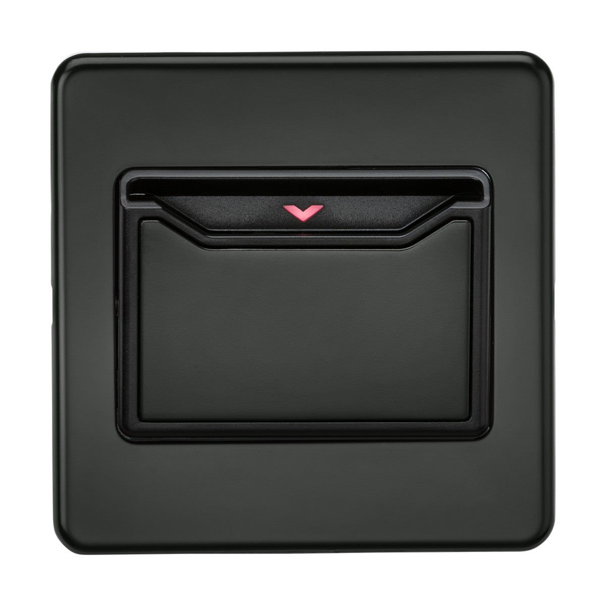 A detailed view of the 32A 1 Gang Key Card Switch in Anthracite showcases its square, black, wall-mounted dial with a sleek, screwless low profile design. At its center is a red downward arrow symbol, surrounded by a raised rectangular frame set against a dark green background, exuding the sophistication similar to that of a hotel room key card switch.