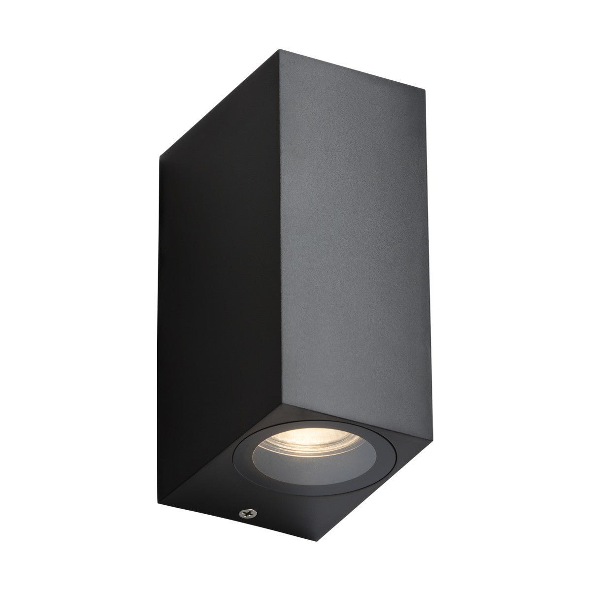 The Alana Outdoor Up/Down Square Wall Light in black features a contemporary rectangular design with minimalist aesthetics and weather-resistant capabilities. Installed vertically, it highlights a corrosion-resistant finish and offers a circular bright light source at the bottom.
