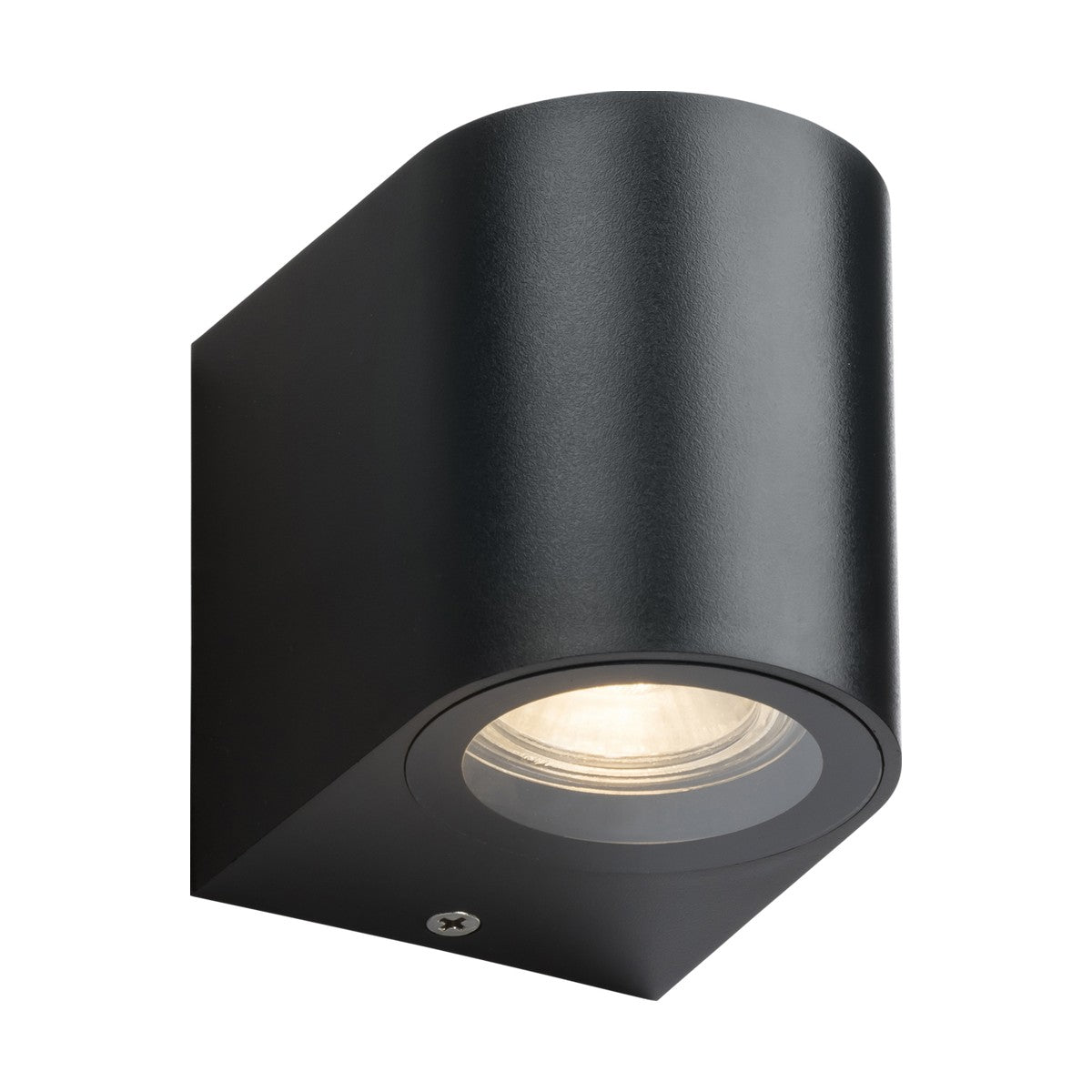 The Alana Outdoor Single Wall Light in black is a contemporary, wall-mounted fixture featuring a cylindrical shape with a single bulb facing downward. This sleek, IP65-rated light is designed to resist corrosion and attaches securely with a visible screw at the bottom.