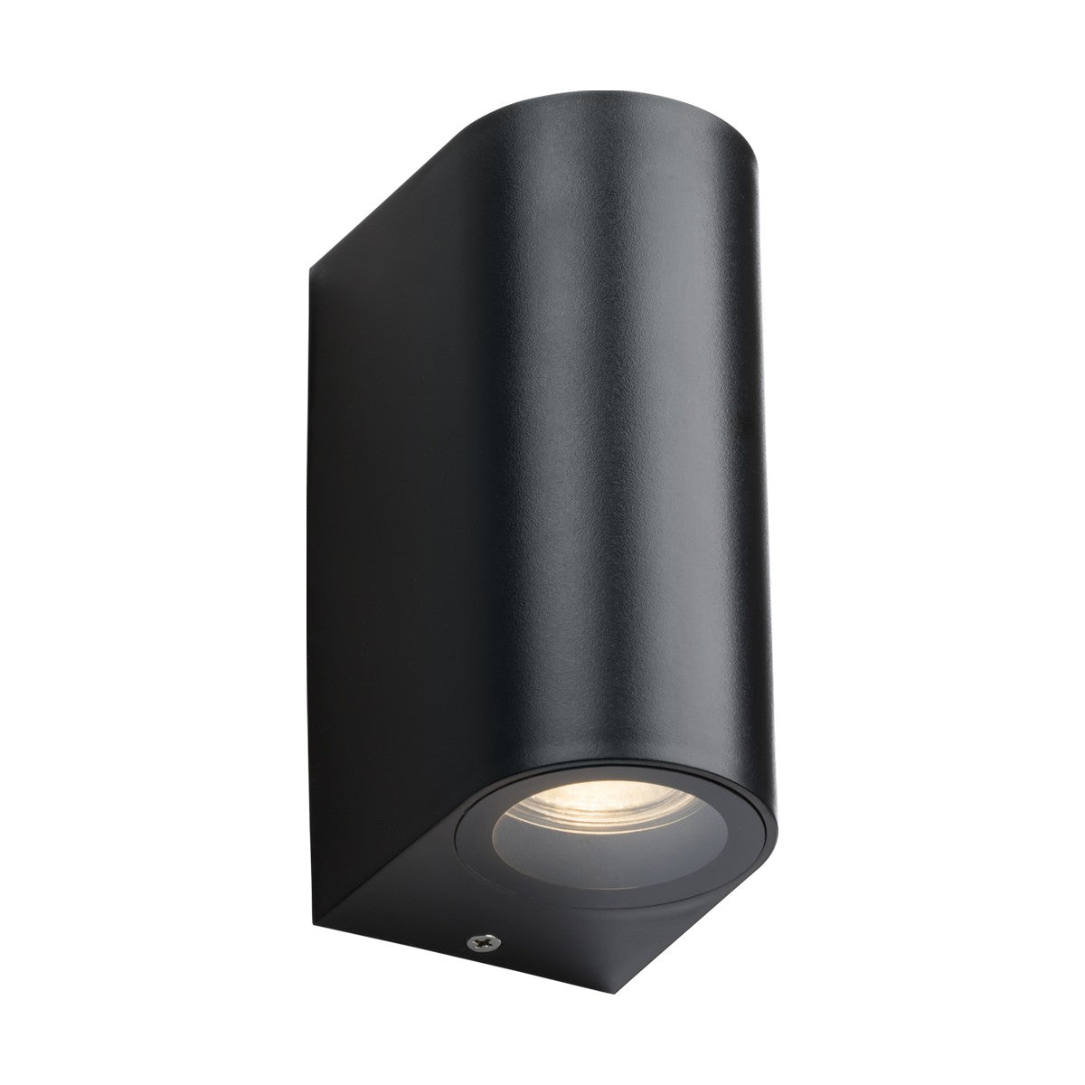 Introducing the Alana Outdoor Up/Down Wall Light in Black—a sleek, cylindrical IP65 fixture designed for vertical mounting. Its corrosion-resistant construction places the bulb at the lower end, casting a downward glow ideal for highlighting exterior walls or pathways.