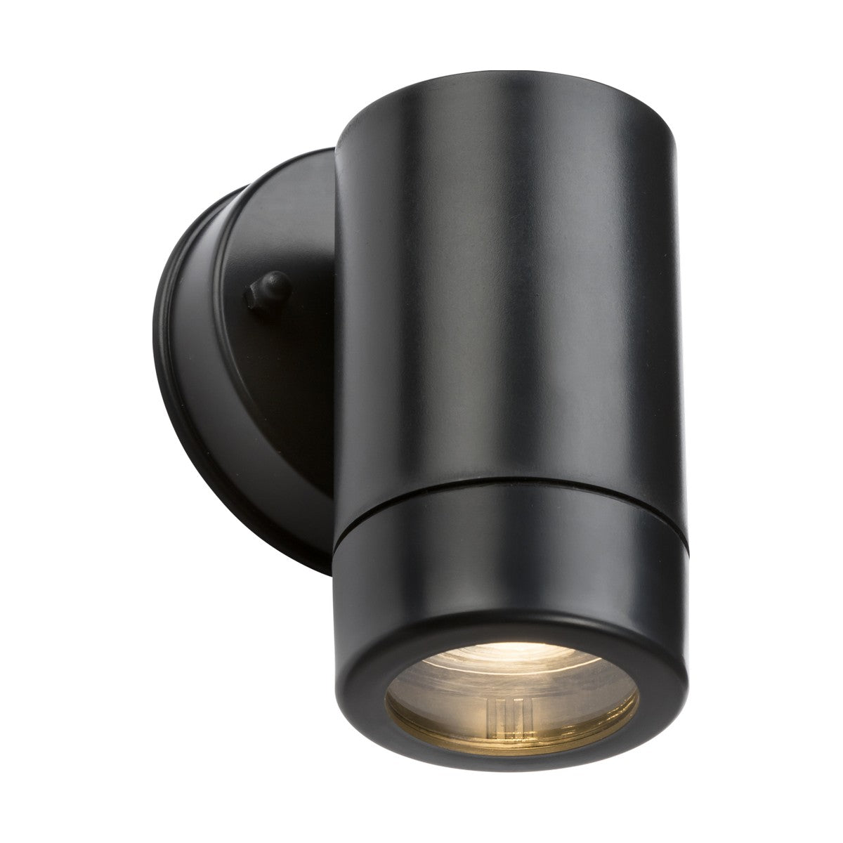 The Eamon Outdoor Single Wall Light in black is a contemporary, cylindrical fixture with a fixed round base and weather-resistant features. It directs light downward, casting a soft, warm glow, making it ideal for modern exterior settings with its sleek and minimalistic design.