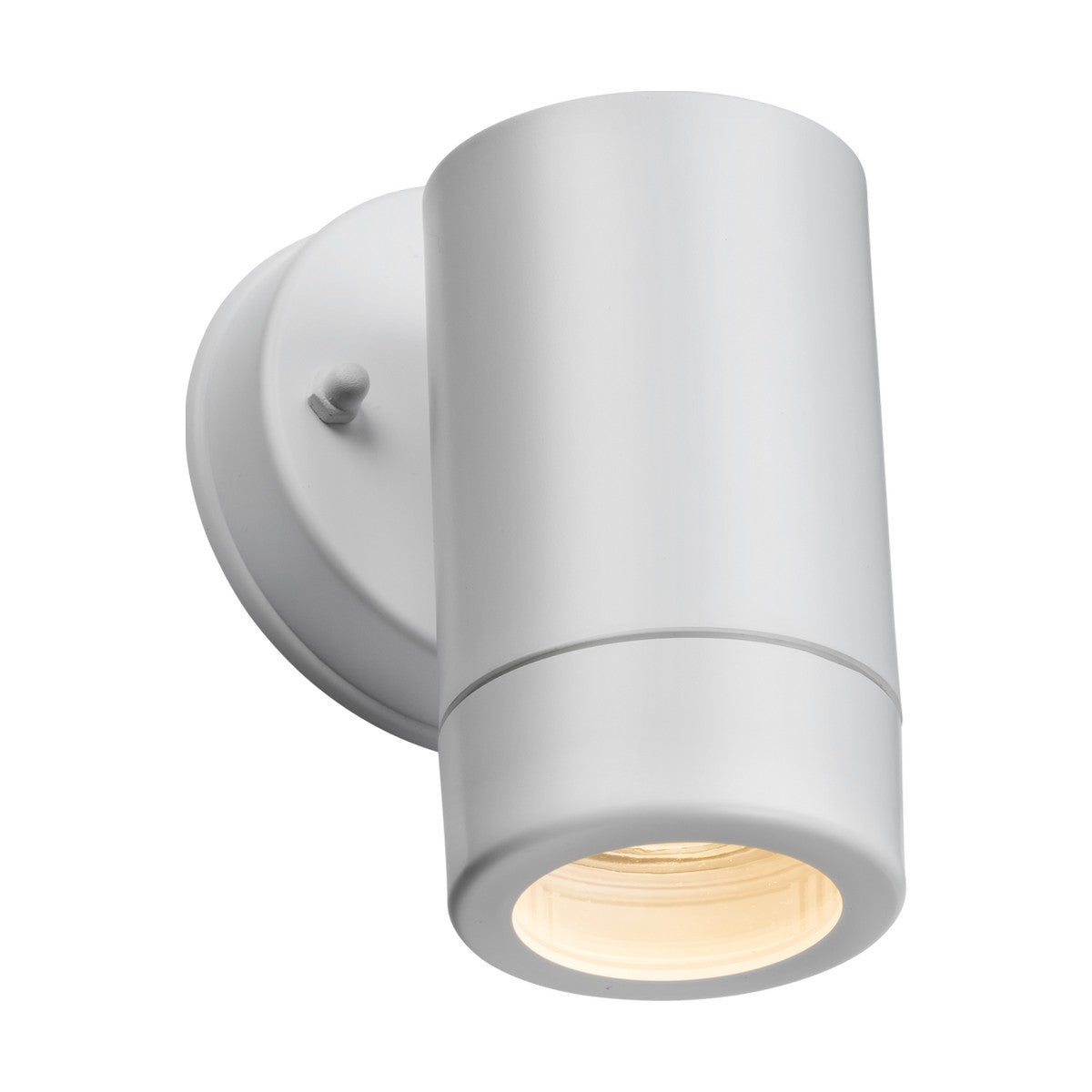 Introducing the Eamon Outdoor Single Wall Light in white: a modern cylindrical fixture with a corrosion-resistant finish. This sleek outdoor light, mounted on a round base with a visible screw, accommodates a GU10 bulb, casting a warm glow from below—perfectly designed for exterior use.