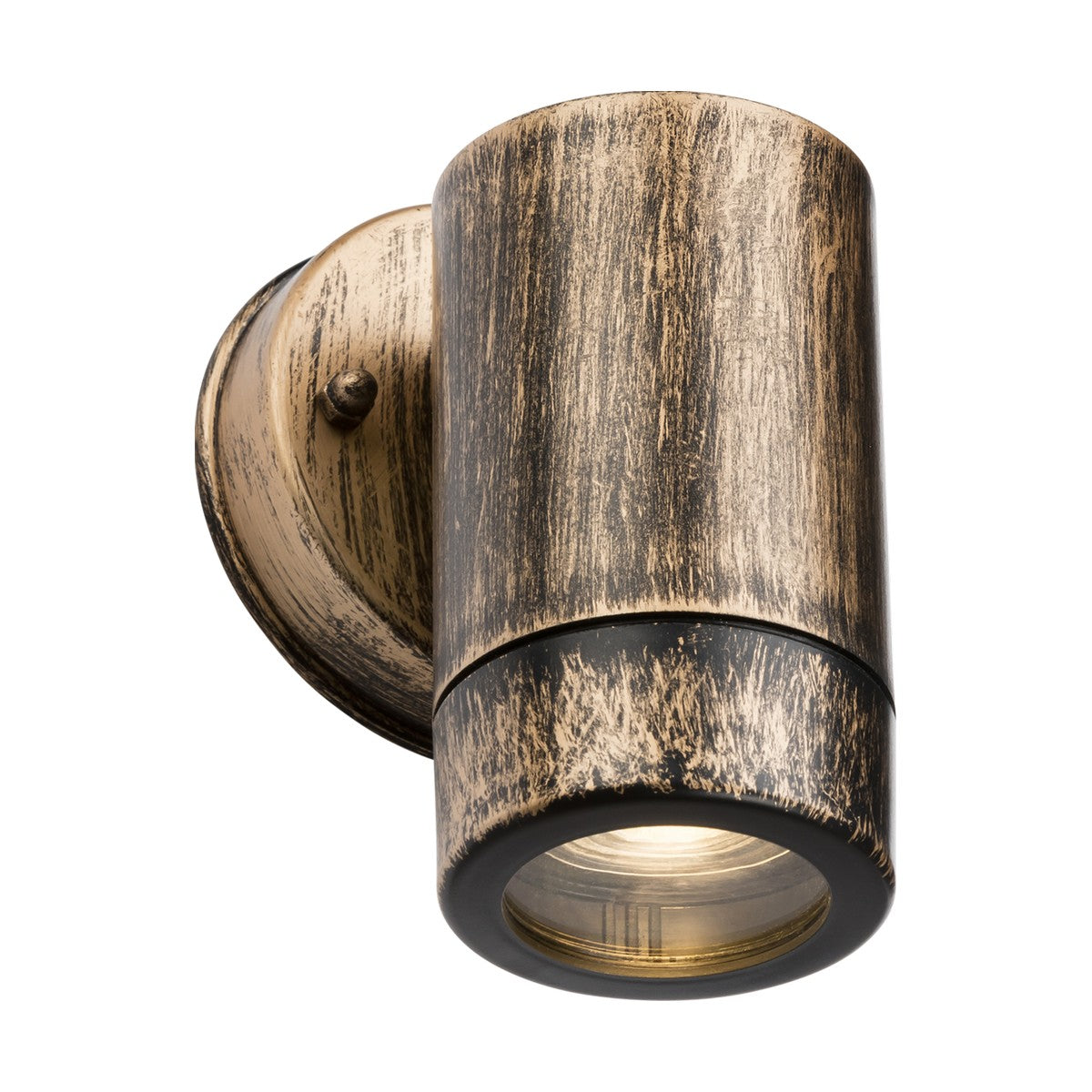 The Eamon Outdoor Single Wall Light - Brushed Brass features a cylindrical design with a sleek brushed brass finish and a clear lens, ideal for downward illumination. Its rustic, weathered look is enhanced by sturdy polycarbonate construction and mounted on a circular base for additional charm.