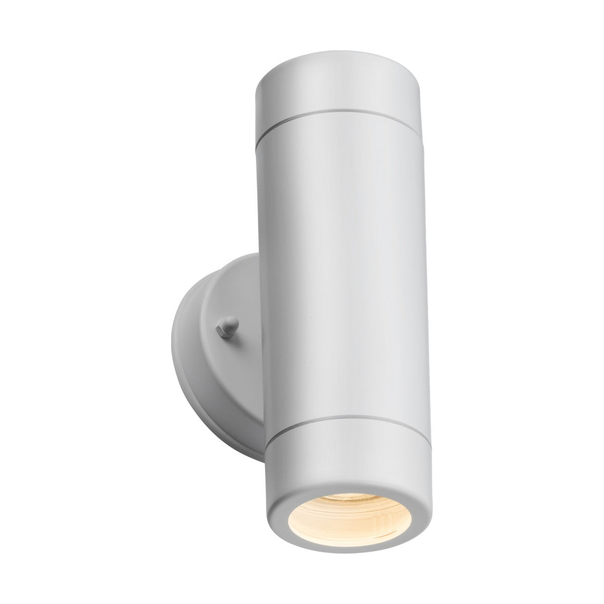 The Eamon Outdoor Up/Down Wall Light is a white cylindrical wall-mounted fixture with an IP54 rating, designed to emit light in multiple directions. Attached to a circular base, it is corrosion-resistant and ideal for both indoor and outdoor use.