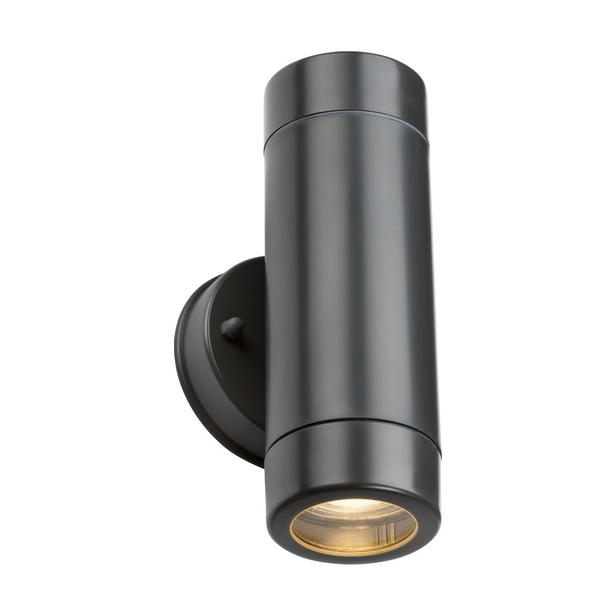 Introducing the Eamon Outdoor Up/Down Wall Light in anthracite, featuring a sleek and modern cylindrical design mounted on a round base. Certified with IP54 for durability, it emits a warm glow directed downward.