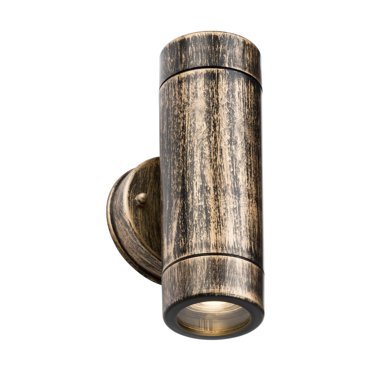 Introducing the Eamon Outdoor Up/Down Wall Light in Brushed Brass, a vintage-style cylindrical fixture that mounts vertically on a circular base. Designed to illuminate spaces with a rustic touch, this light boasts an IP54 rating for corrosion resistance, making it ideal for both indoor and outdoor use.