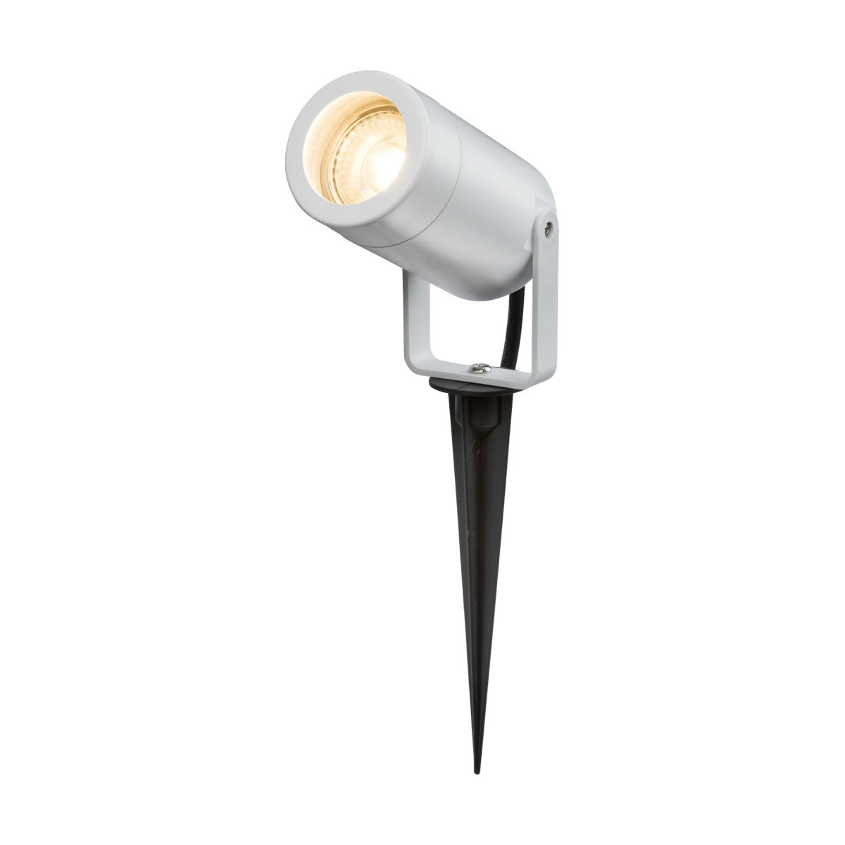 The Eamon Outdoor Spike Light - White is a contemporary GU10 spike light with a sleek, cylindrical white housing mounted on a black spike. It features IP65 corrosion resistance and has a downward-angled spotlight, making it easy to install into the ground.