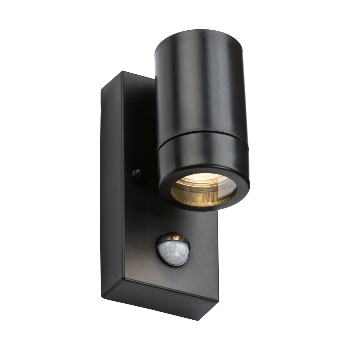 Introducing the Eamon Outdoor Single Wall Light With PIR in Black, featuring a modern cylindrical design and a corrosion-resistant finish. The IP44-rated PIR sensor at the base ensures effective detection, while the downward light direction is perfect for outdoor illumination.