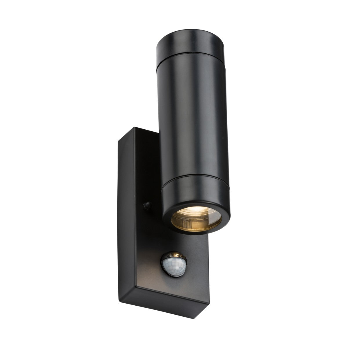 The Eamon Outdoor Up/Down Wall Light With PIR - Black is a modern black wall light featuring a cylindrical design. Corrosion resistant and IP44 rated, it offers a sleek, contemporary appearance with its downward-directed light and convenient PIR sensor on the mounting plate.