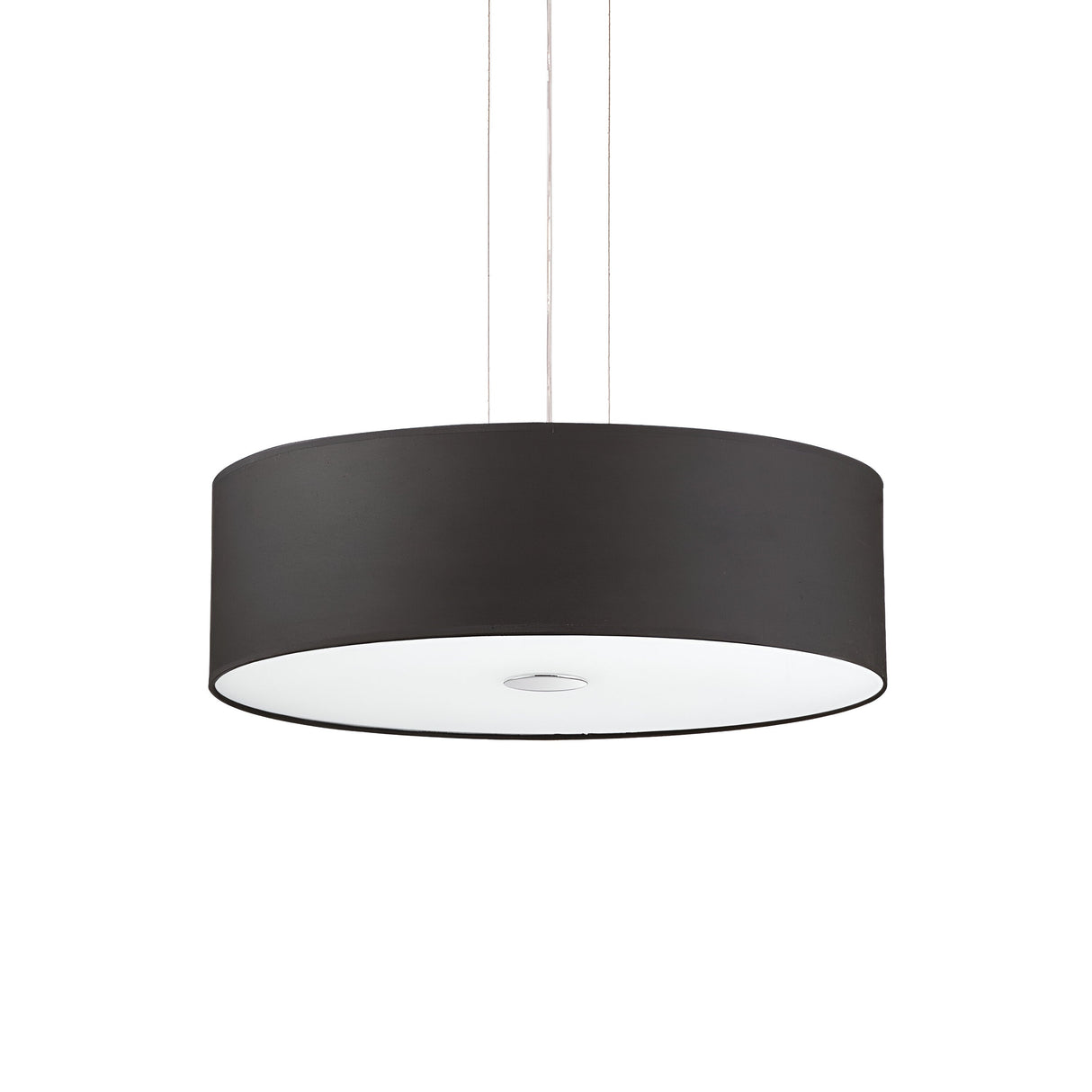 The Noble 5 Light Pendant - Black features a sleek black design with a chromed metal frame and a wide, cylindrical shade. It is elegantly suspended from thin strings over a white setting, with an acid-etched glass diffuser underneath the shade.