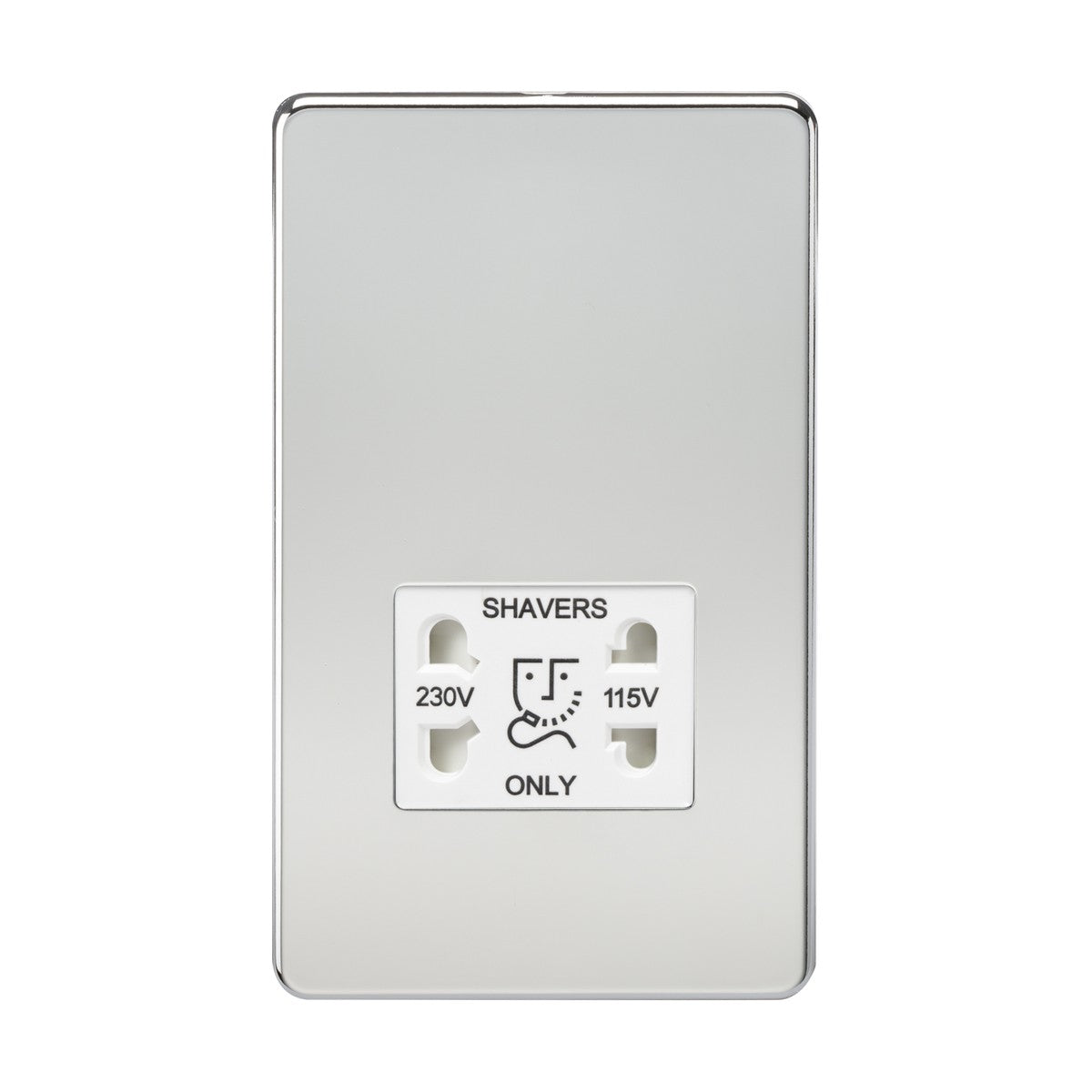 A close-up of the 115V/Dual Voltage Shaver Socket, certified to EN 61558, labeled Shavers Only, with 230V and 115V options, featuring a sleek white insert and metallic polished chrome border—ideal for modern bathrooms.