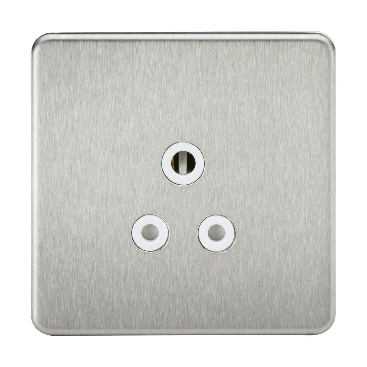 Introducing the 5A Unswitched Socket in Brushed Chrome, featuring a sleek screwless and low-profile design. This minimalist and modern Indian wall socket is crafted with a metallic finish, sporting two horizontally aligned round holes at the bottom and a slightly larger round hole above.