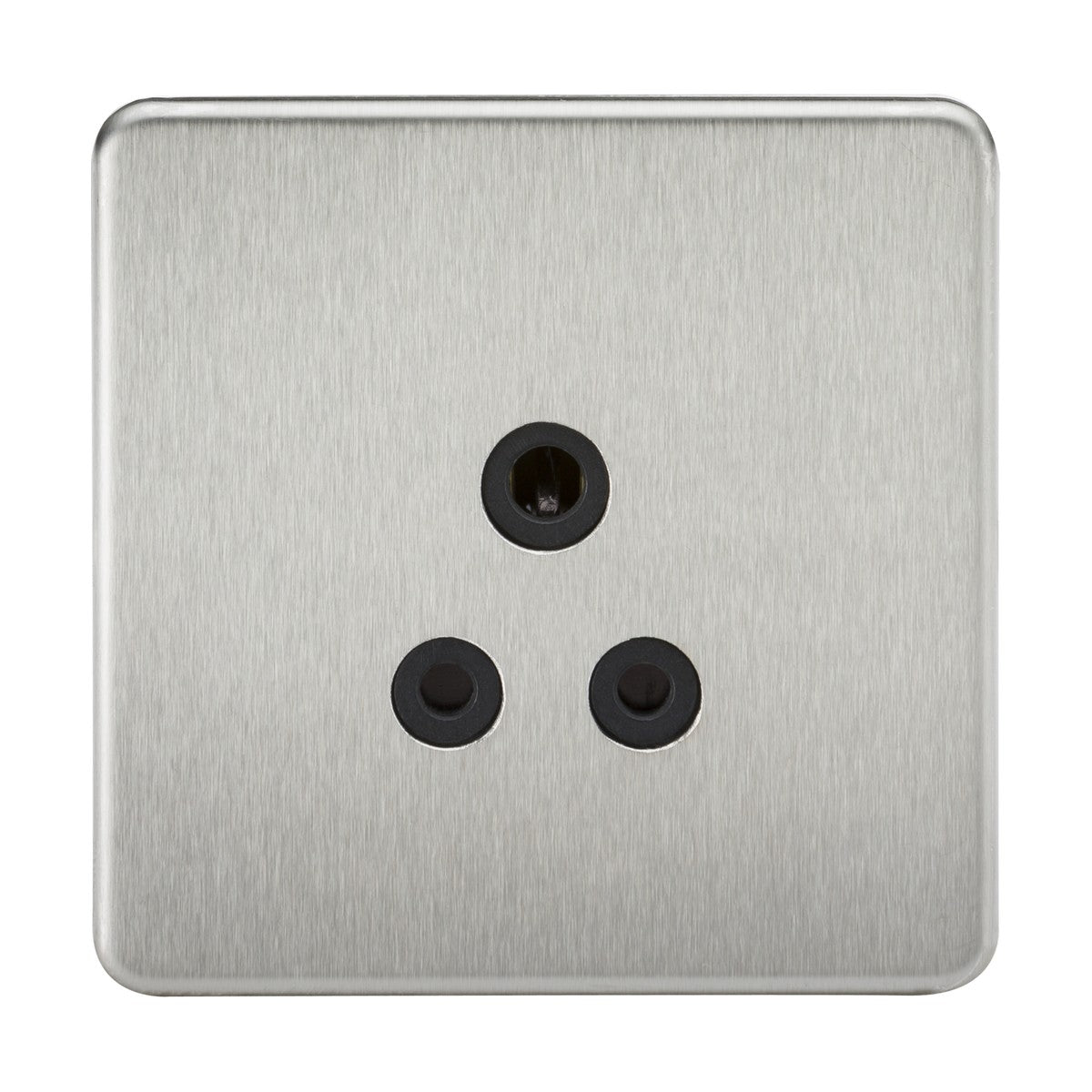 A 5A unswitched socket in brushed chrome with a black insert is designed to be screwless and low-profile, featuring three circular round pin sockets arranged in a triangular pattern.