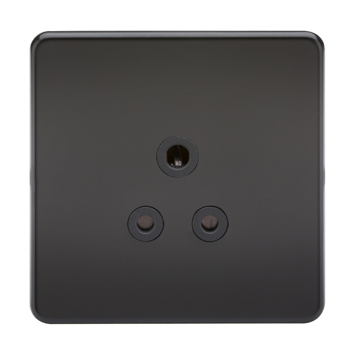 A 5A Unswitched Socket in Matt Black, featuring a minimalist and modern design with a screwless finish. The black insert includes three circular holes arranged in a triangular pattern on a flat, square faceplate, showcasing an understated elegance.