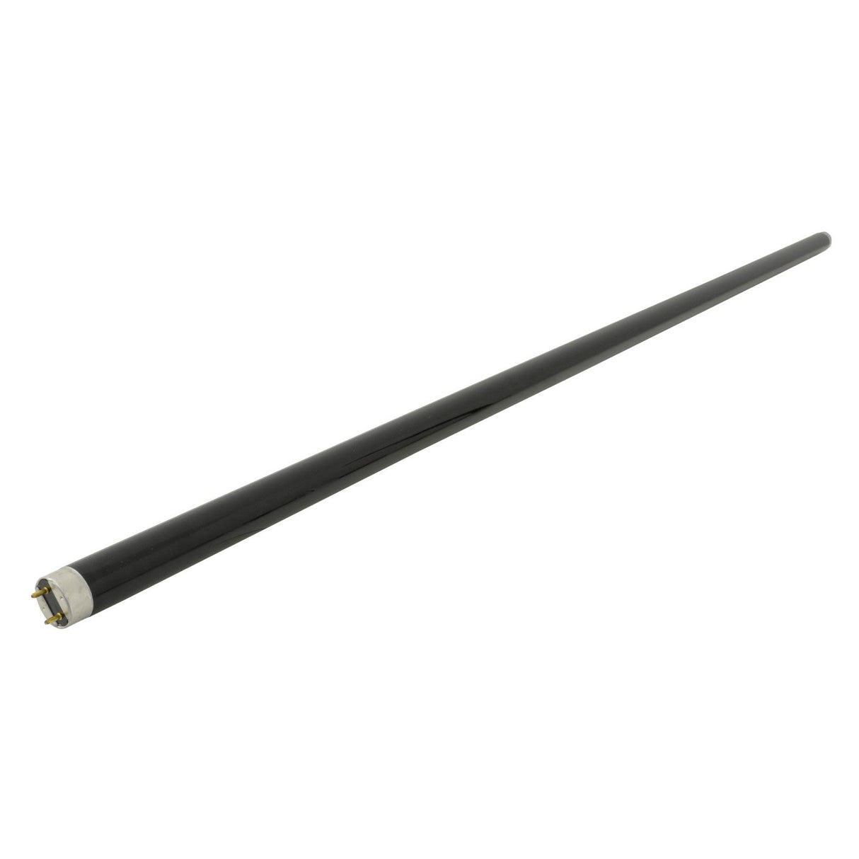 The QTX 36W 4ft Fluorescent Tube Light - Black is a long, cylindrical bulb with metallic end caps and two pins, ideal for UV pest control or currency verification, displayed against a white background.