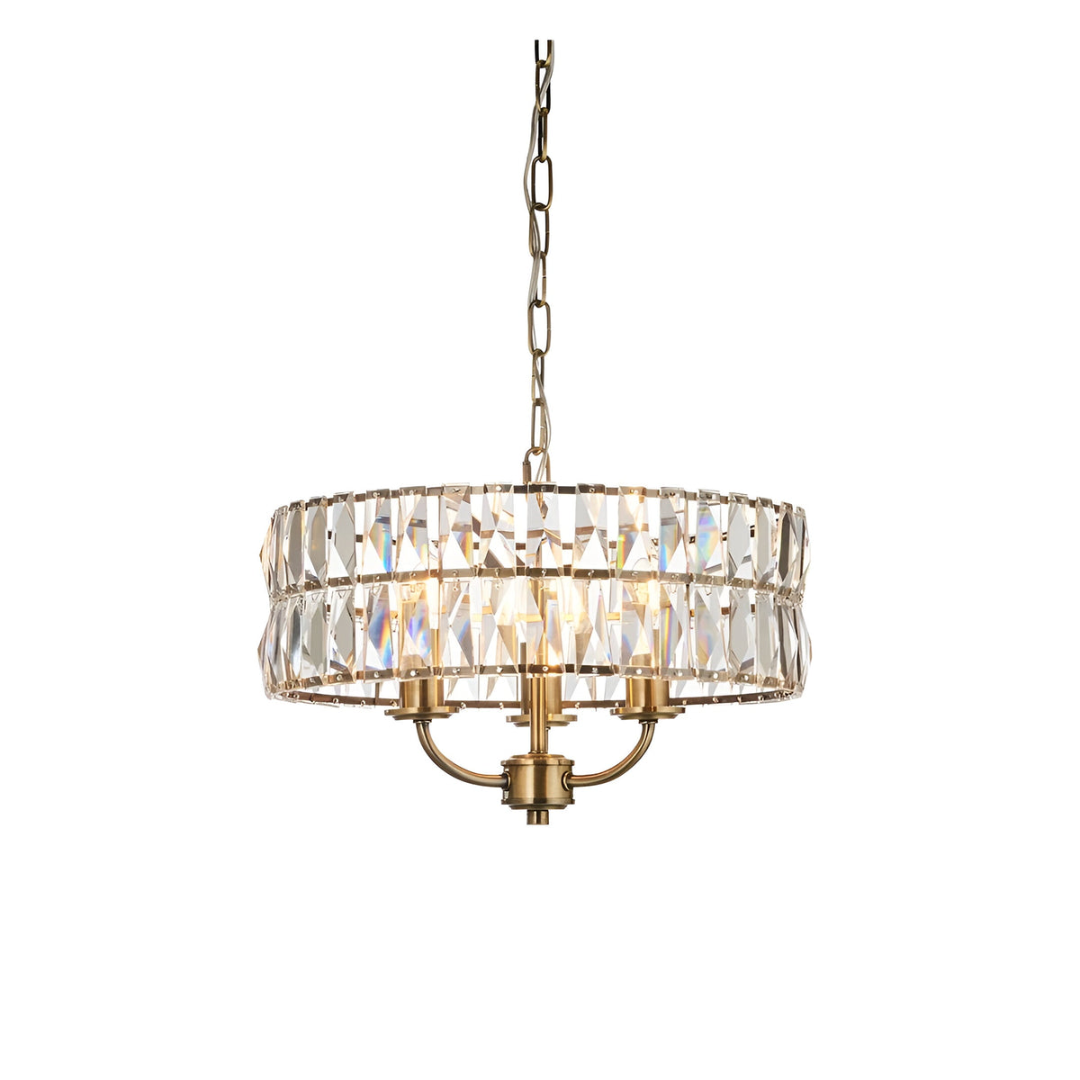 Endon Bevmont 3 light pendant in brass with a drum shade of clear cut faceted glass on a height adjustable chain, shown on a white background.
