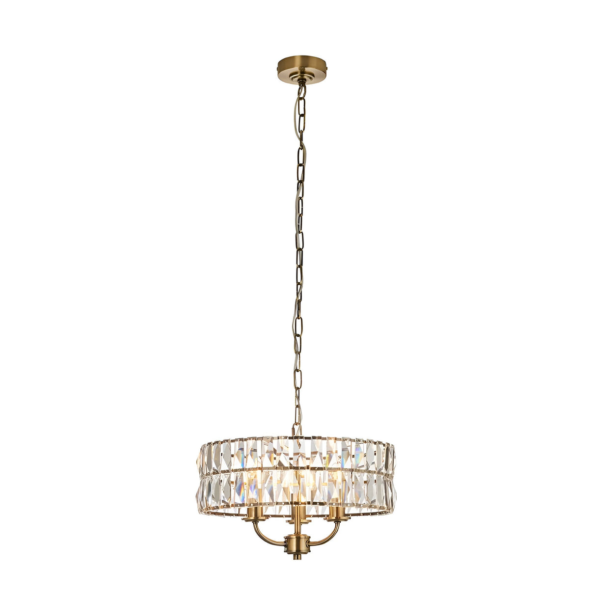 Endon Bevmont 3 light pendant in brass with a drum shade of clear cut faceted glass on a height adjustable chain, shown on a white background.