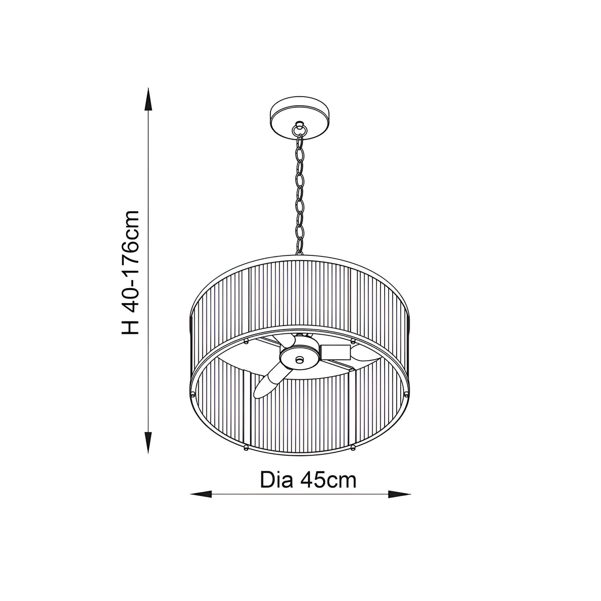 Rothbury 3-light pendant in antique brass with ribbed glass drum shade, adjustable chain, ceiling rose; diagram shows 45cm diameter, 40-176cm height.