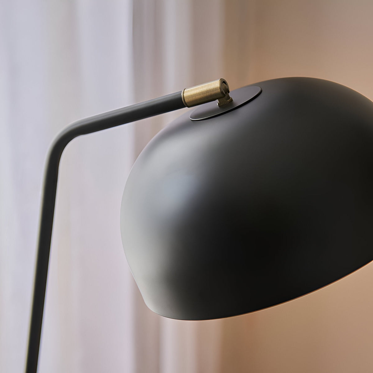 Close-up of the Endon Ashdon floor lamp's matt black adjustable dome shade with antique brass pivot detail, set against soft curtain backdrop.