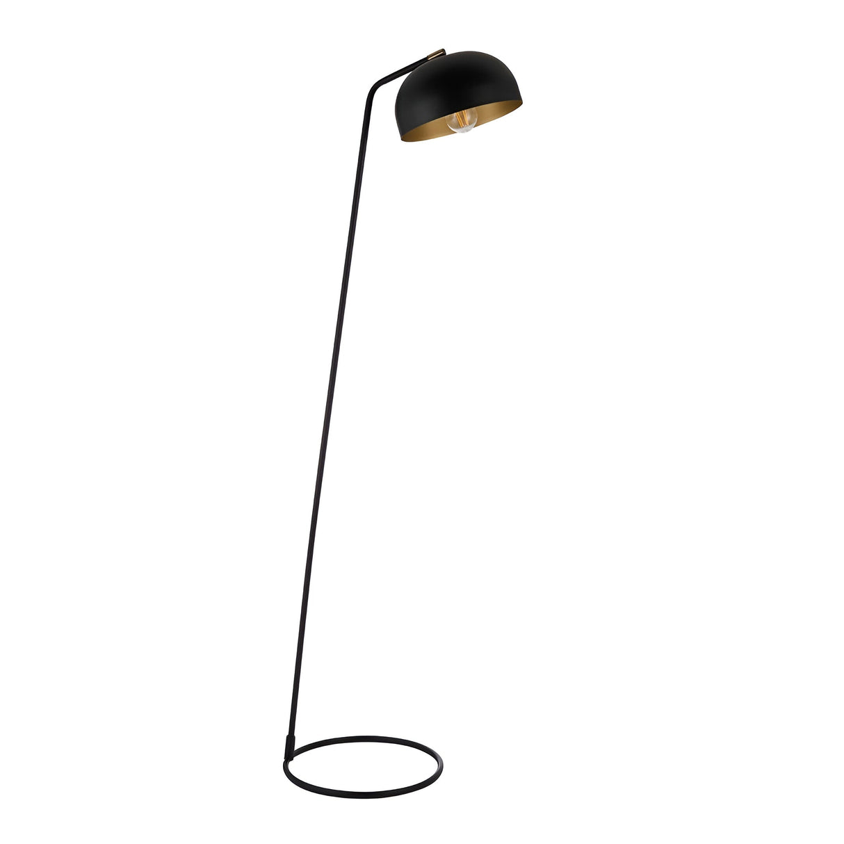 Endon Ashdon floor lamp in matt black with an adjustable dome shade lined in antique brass and a round base, shown on a plain white background.