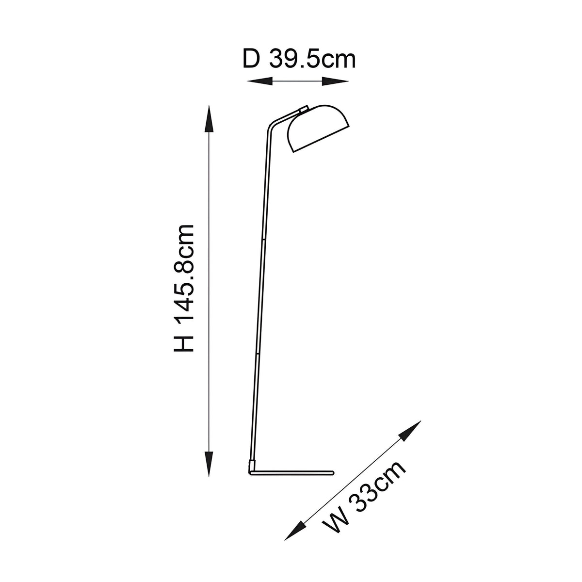 Dimension diagram of the Endon Ashdon floor lamp showing height 145.8cm, width 33cm and depth 39.5cm on a plain background.