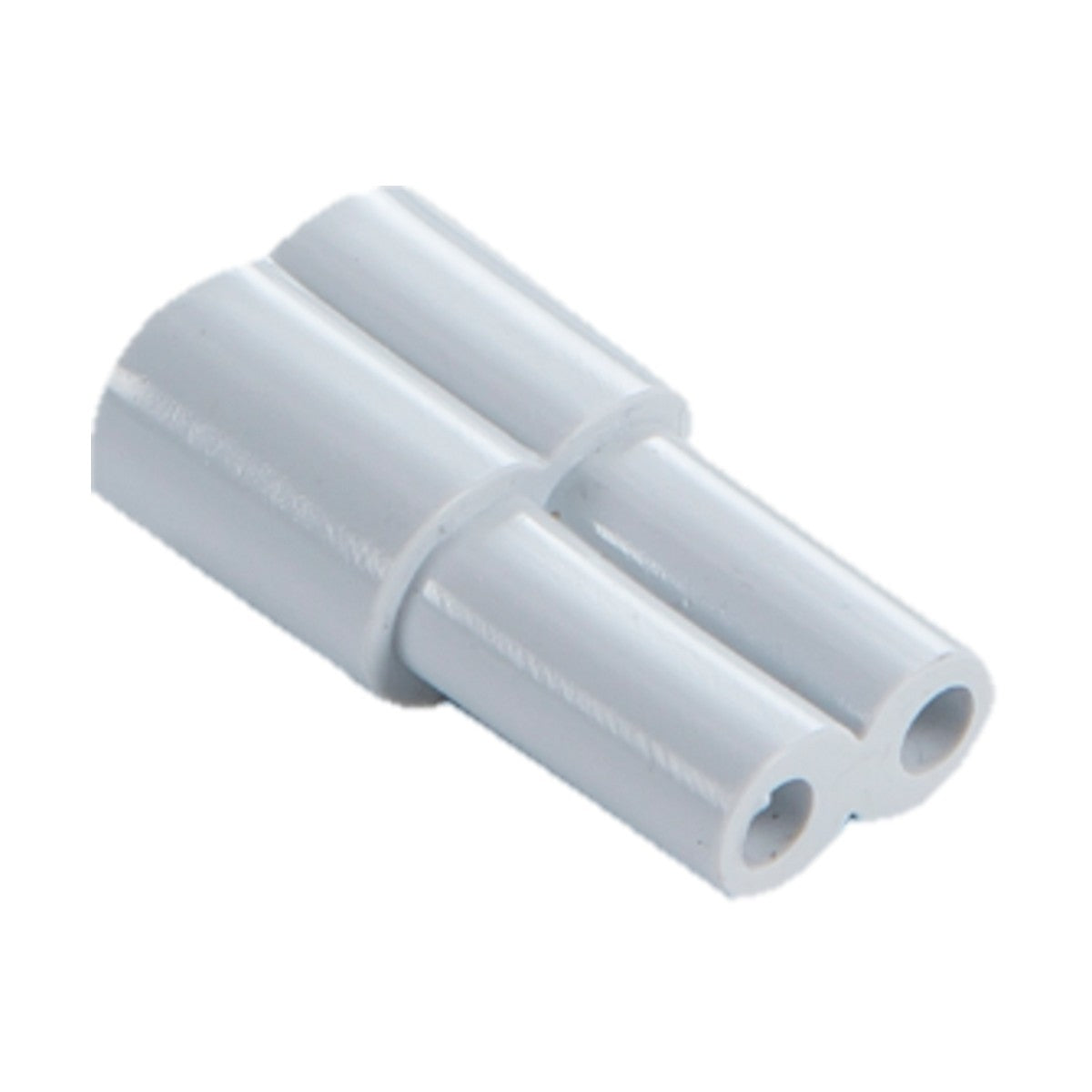Close-up of the Coupler - LED Under Cabinet, showcasing its sleek cylindrical design with a white finish and two-pin configuration. The connector is angled to clearly display both pin slots, making it perfect for LED under cabinet lighting applications.