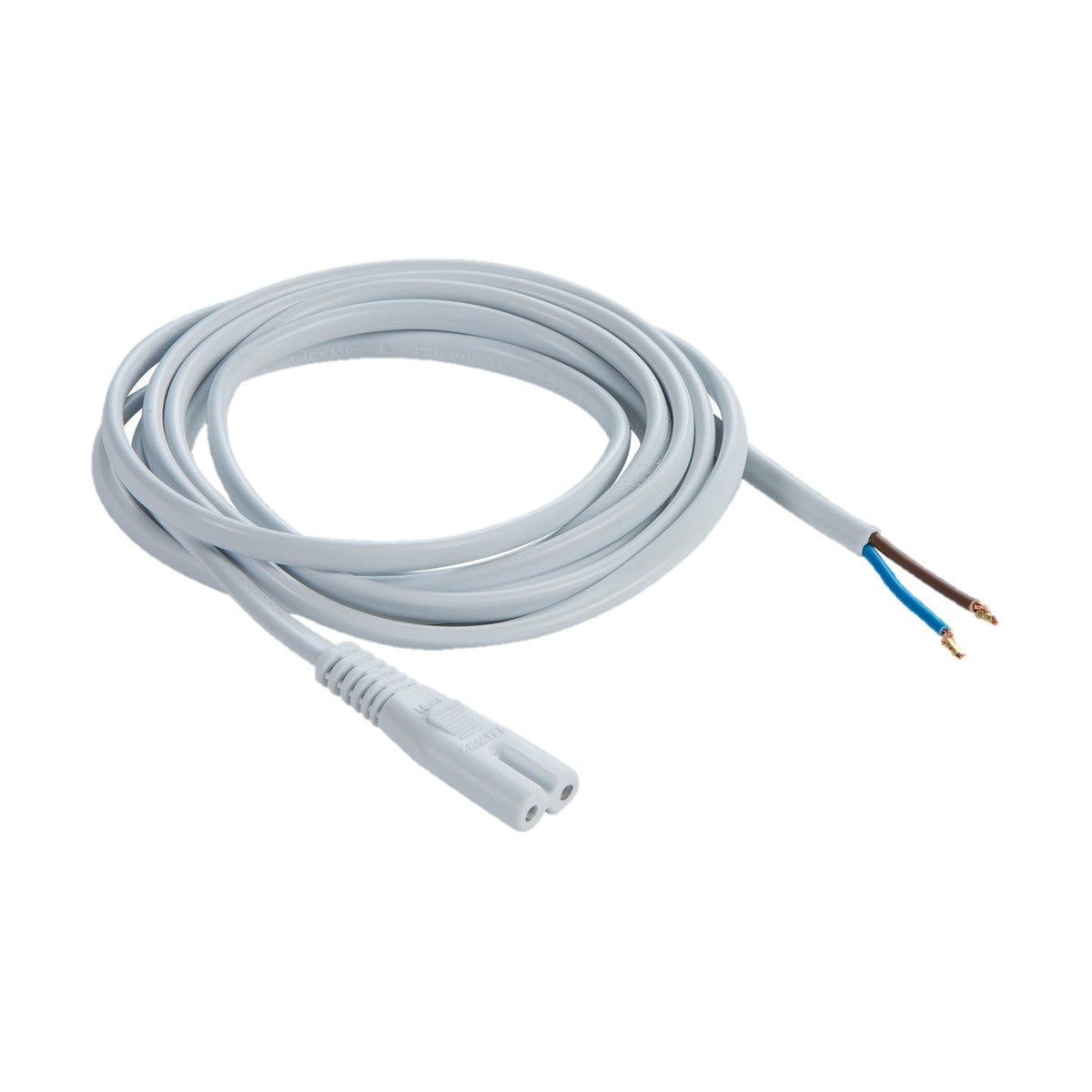 Introducing the Power Cable - 2m: This coiled gray cable features a plug on one end and exposed wires on the other, with blue and brown hues for clear connections. It's perfect for LED under-cabinet fittings or any setup requiring dependable current flow.