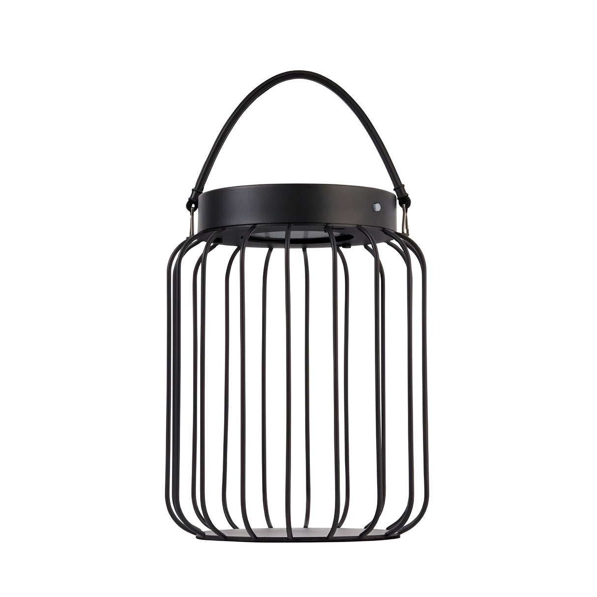 Endon Cranwood solar LED table lamp in matt black with an open metal cage frame and curved carry handle, shown on a plain white background.