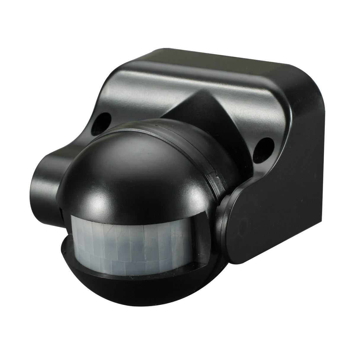 The PIR Sensor 180° - Black is equipped with a dome-shaped lens and mounted on a rectangular base with two screw holes. It is perfect for detecting movement, making it an excellent choice for security or lighting purposes. With an IP44 rating and adjustable detection range, this sensor features a glossy black finish.