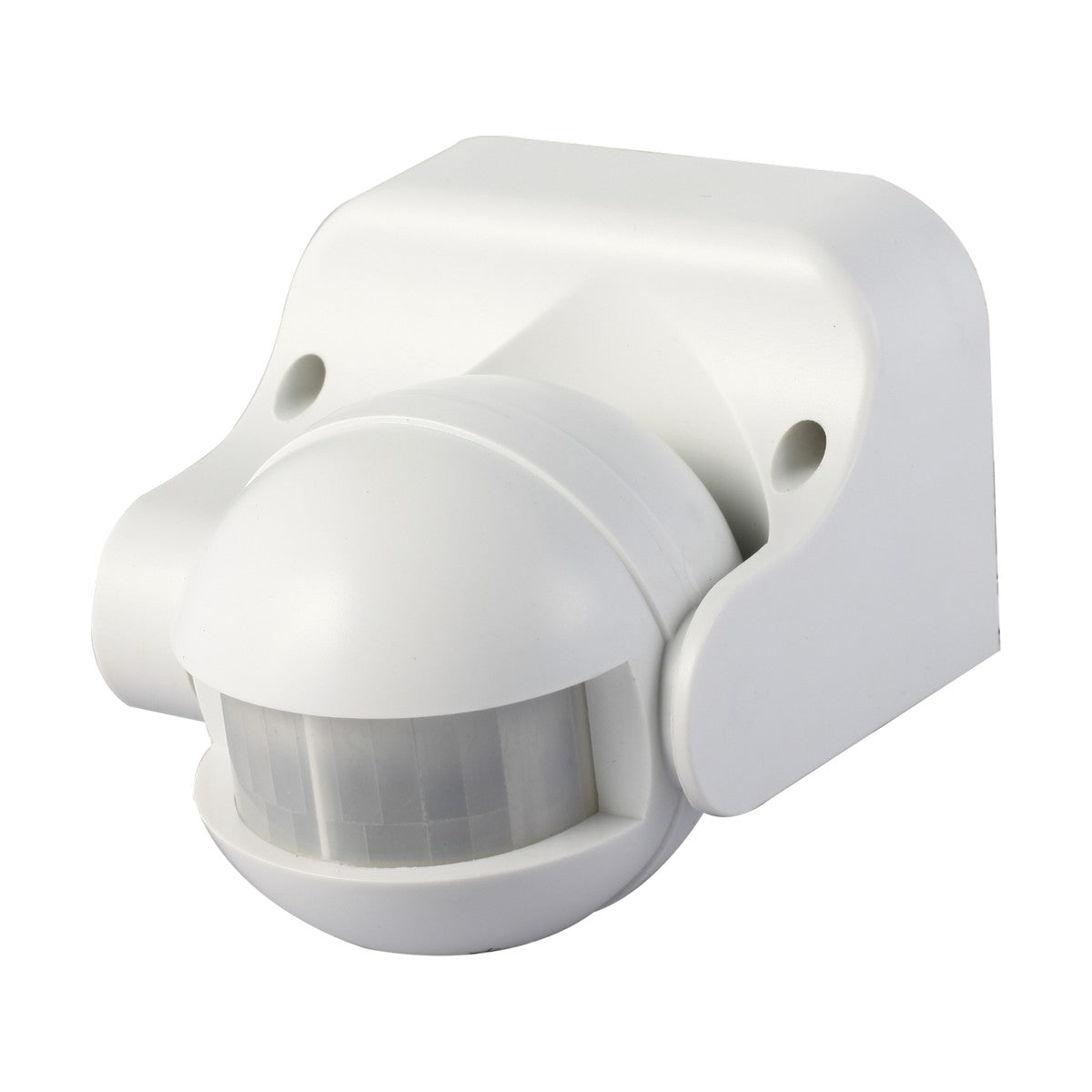 The PIR Sensor 180° - White boasts an adjustable head featuring a rounded sensor at the bottom along with a rectangular mounting bracket, making it perfect for wall installation. With its IP44 rating, this device ensures reliable performance in different weather conditions.