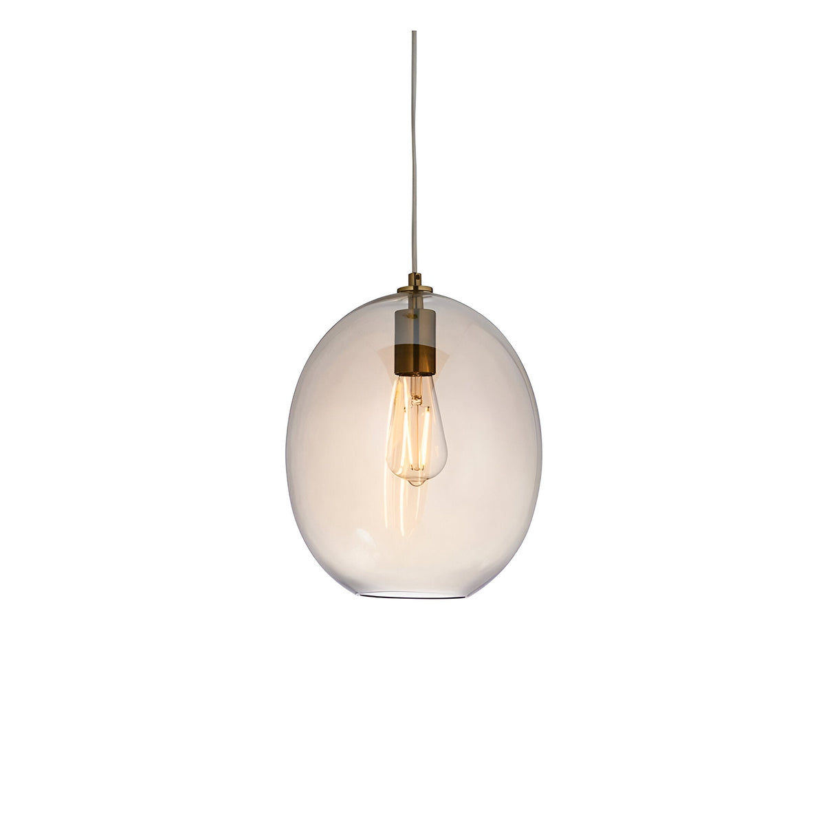 Brockmere Pendant in Brass & Gold, single-light fitting with an oval champagne lustre glass shade, satin brass fitting, and visible E27 bulb.