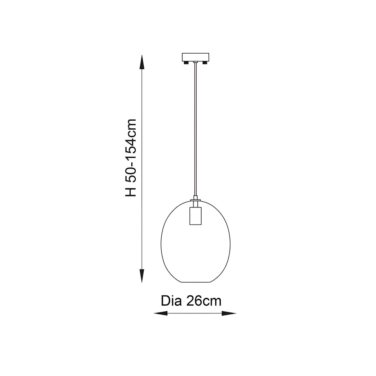 Line drawing of the Brockmere pendant light showing an oval glass shade with satin brass fitting, ceiling plate and cable, height 50-154cm, dia 26cm.