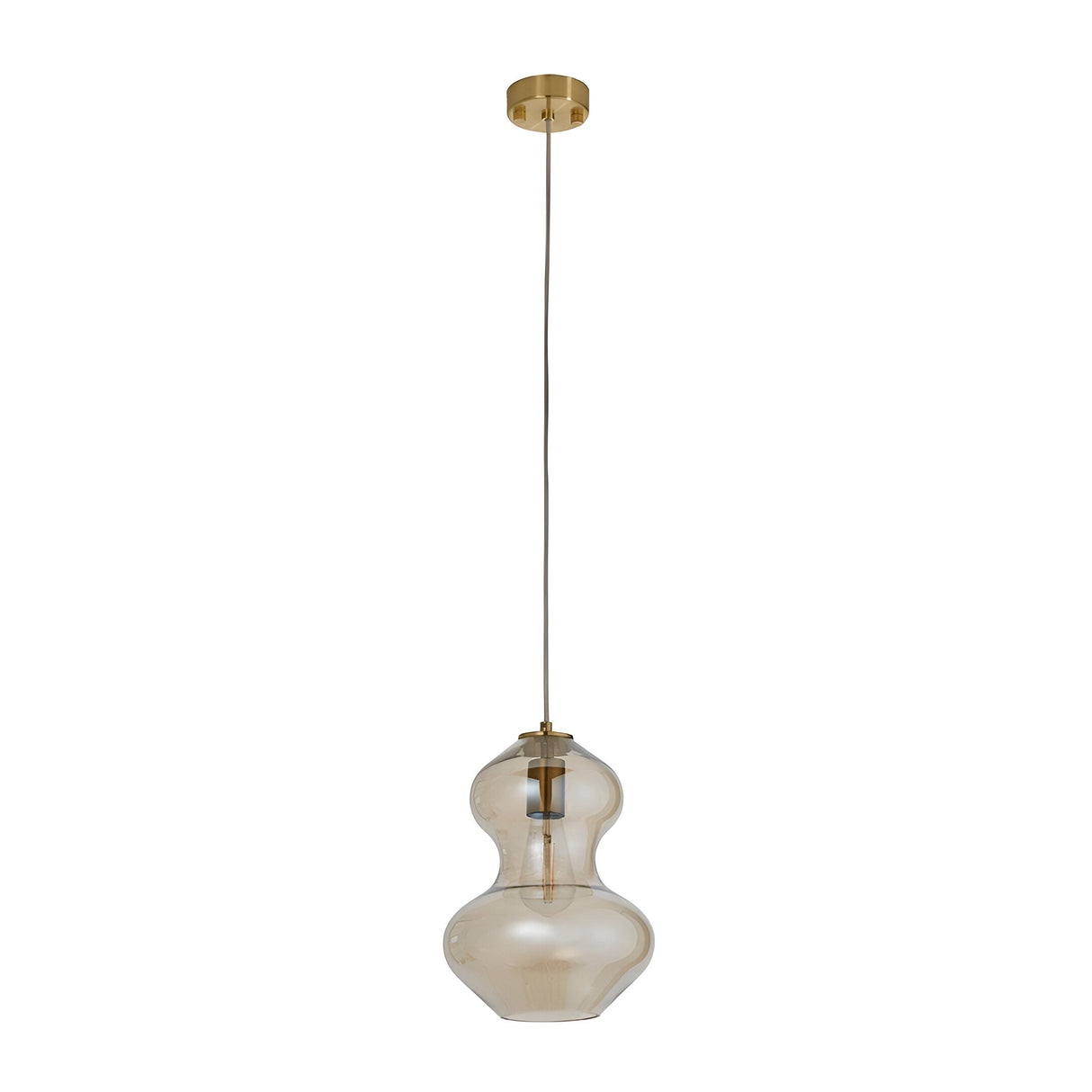 Brockley Pendant in satin brass with a curved champagne lustre glass shade and E27 fitting, shown on a plain white background.