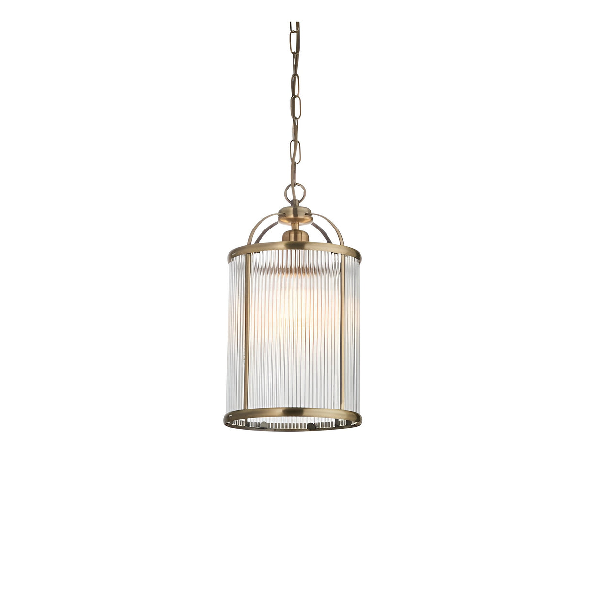 Endon Caldcombe small pendant light with a ribbed clear glass cylindrical shade and antique brass frame, suspended from a chain on a plain background.