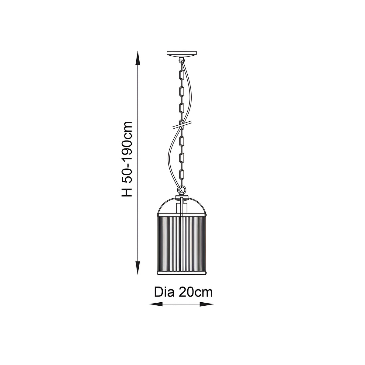 Dimension diagram of the Endon Caldcombe brass pendant light showing adjustable height of 50-190cm and 20cm diameter shade on a plain background.