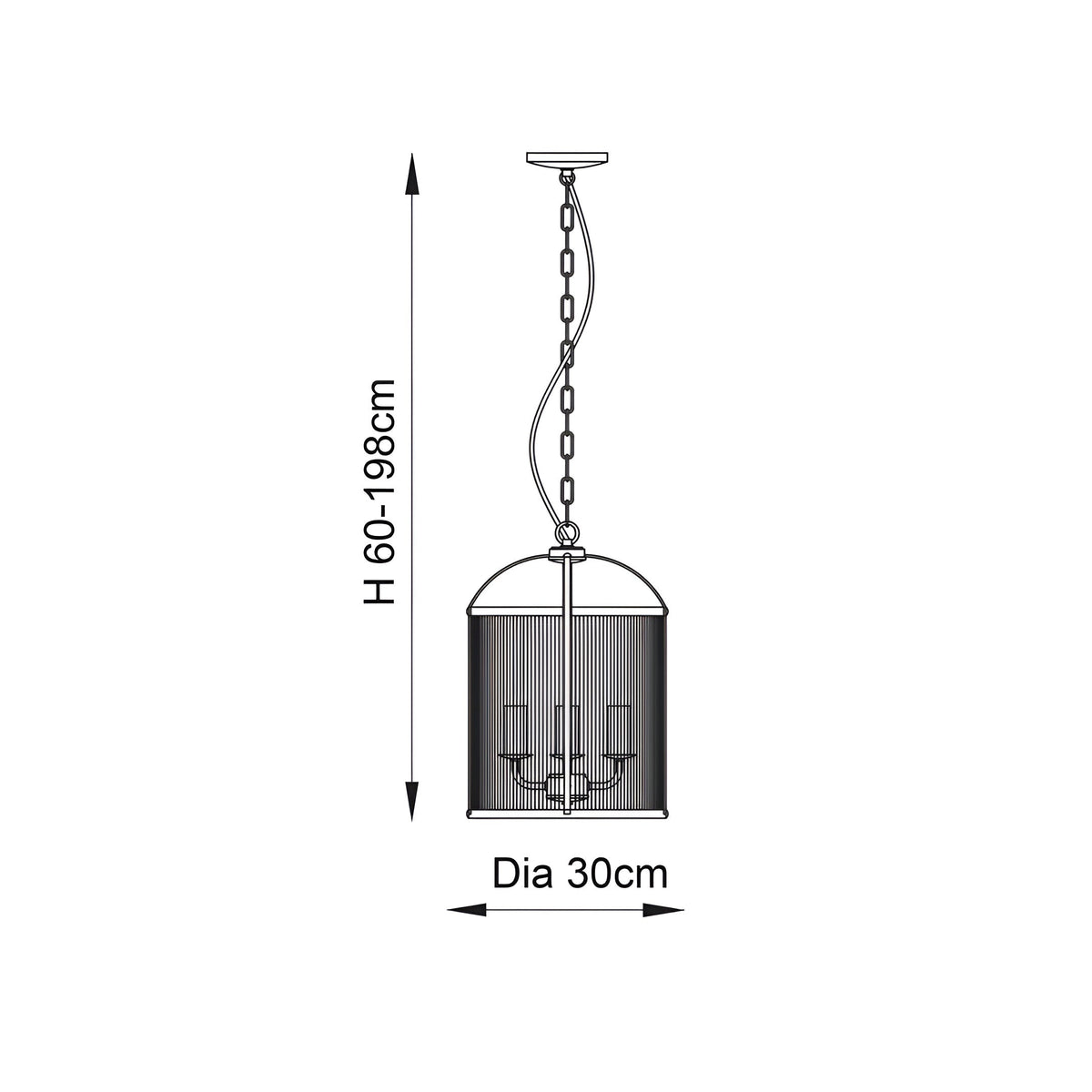 Endon Caldcombe 4 light pendant dimension diagram showing 30cm diameter and adjustable height of 60-198cm.