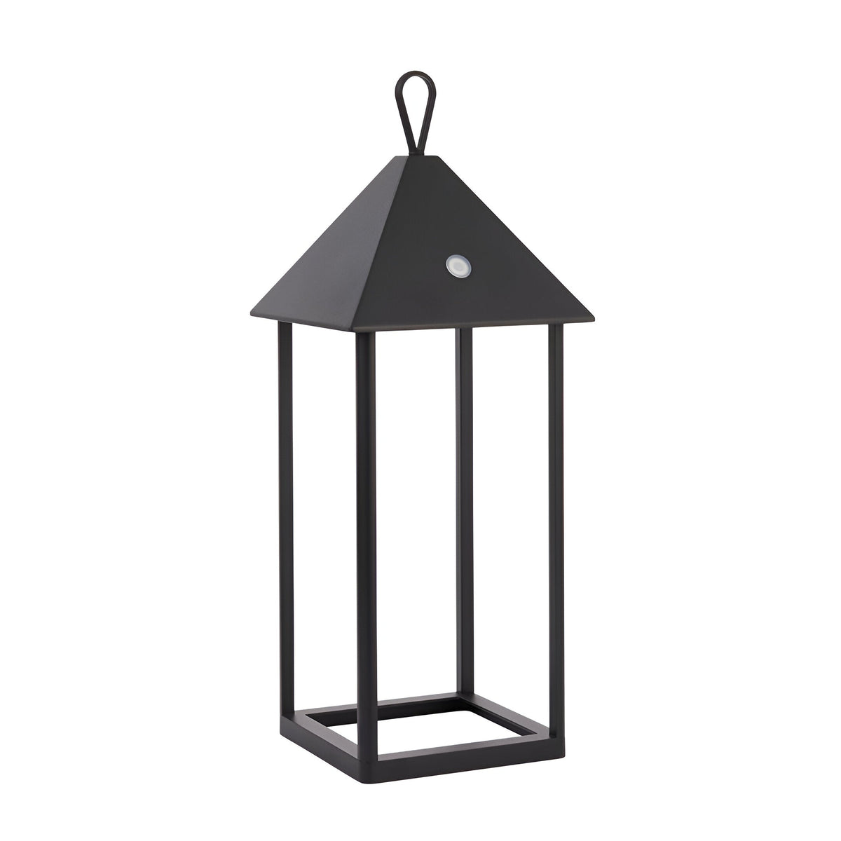 Endon Brenmont large table lamp in matt black, a modern birdhouse-style aluminium lantern with pyramid top, hanging loop and open frame base.