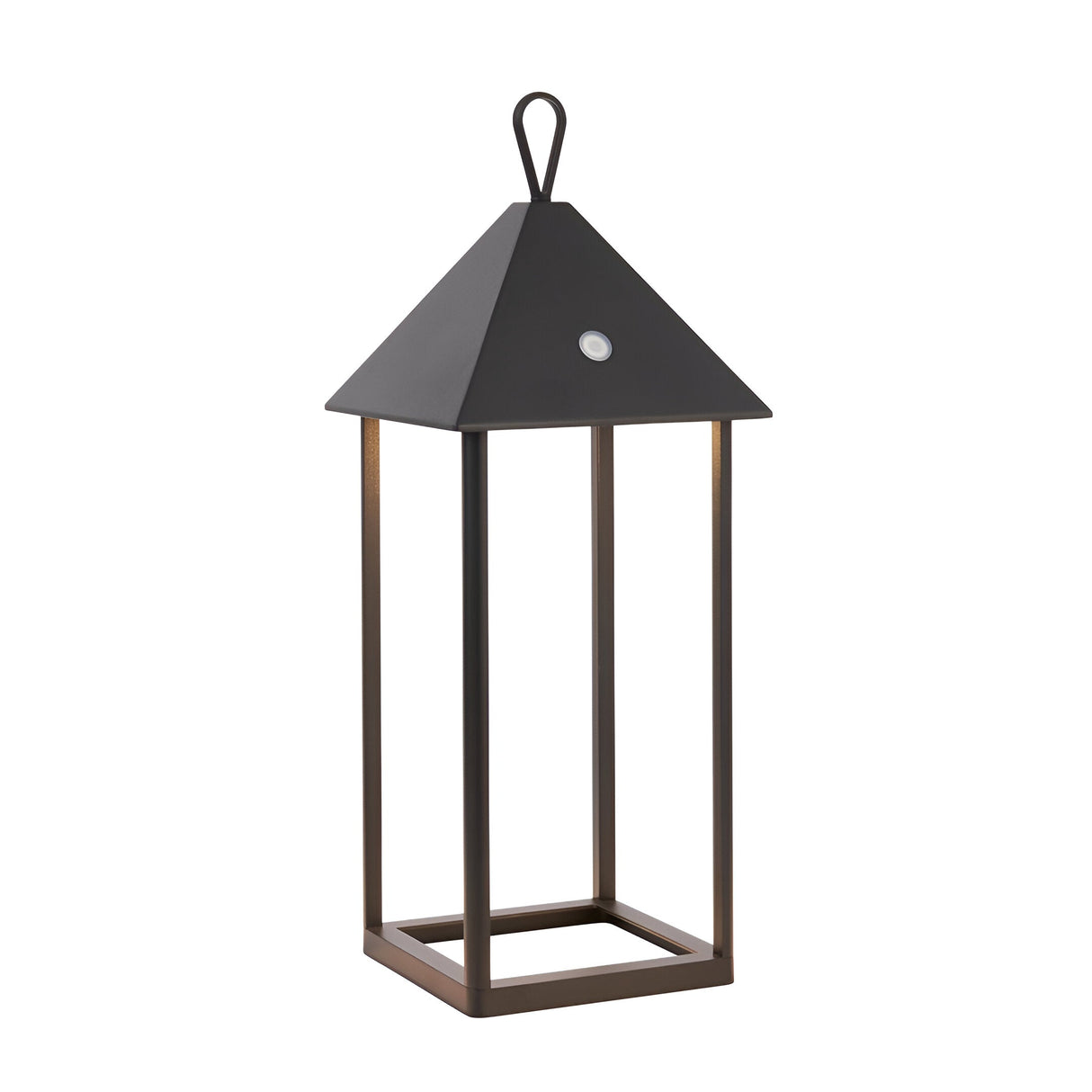 Endon Brenmont large table lamp in matt black, a modern bird-house lantern with pyramid roof, loop handle and open aluminium frame on a plain background.