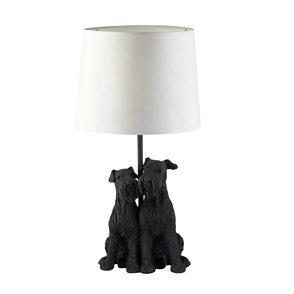 Danegrove Table Lamp in matt black resin, featuring two seated dogs at the base and a cream fabric drum shade, on a plain white background.