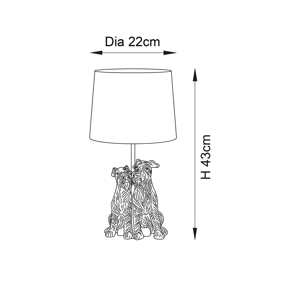 Danegrove Table Lamp in black resin with two dogs at the base and a fabric drum shade, line diagram showing 22cm diameter and 43cm height.