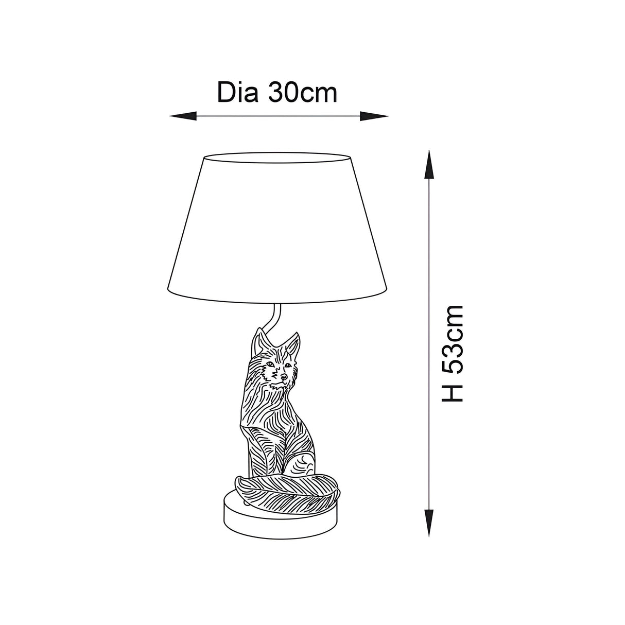 Dimensioned line drawing of the Endon Brambury table lamp showing a seated fox base with tapered shade, 53cm high and 30cm diameter.