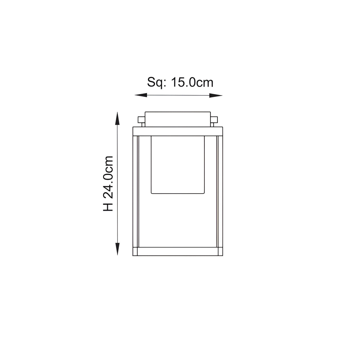 Dimension diagram of the Endon Danedon table lamp in black, showing a 24cm height and 15cm square base on a plain white background.