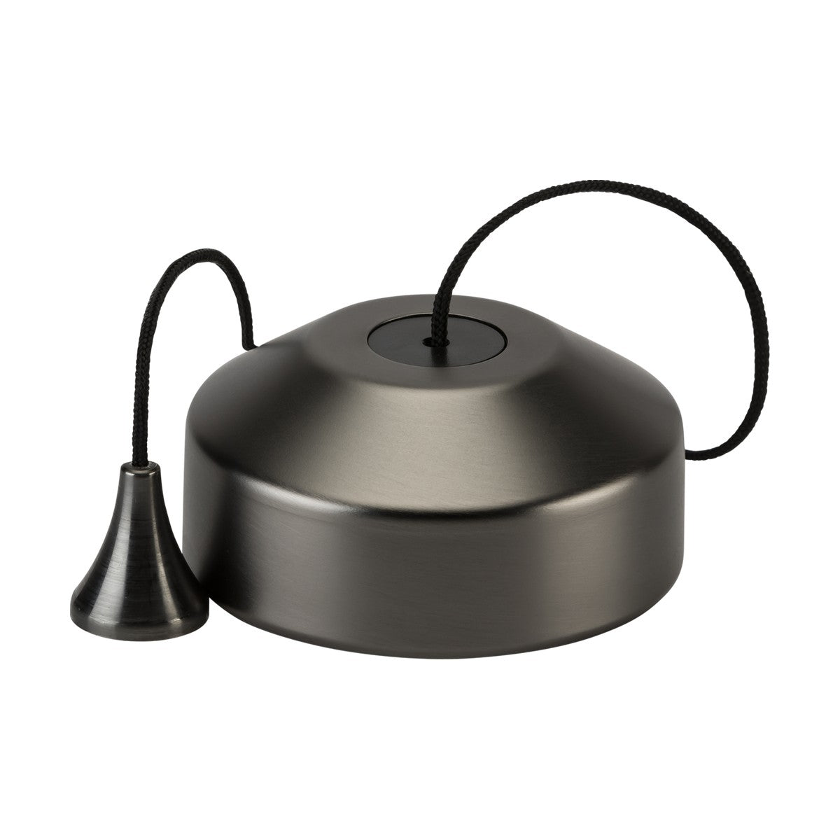 This is a sleek ceiling canopy in black featuring a smoked bronze finish, equipped with a conical cord grip and an attached flexible cord. The minimalistic design exudes modern elegance and is perfectly suited for contemporary lighting fixtures, effortlessly integrating with the 1-Way 10-150W (5-100W LED) Trailing Edge Pull Cord Dimmer Switch in Smoked Bronze.