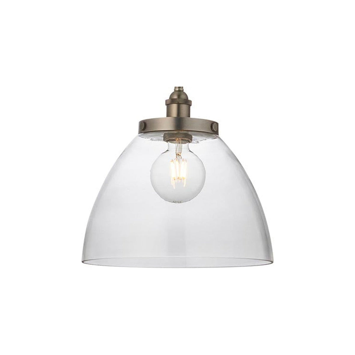 Wentworth Pendant in Silver, a single-light industrial fixture with a clear glass dome shade, brushed silver knurled lampholder, and black chain suspension.